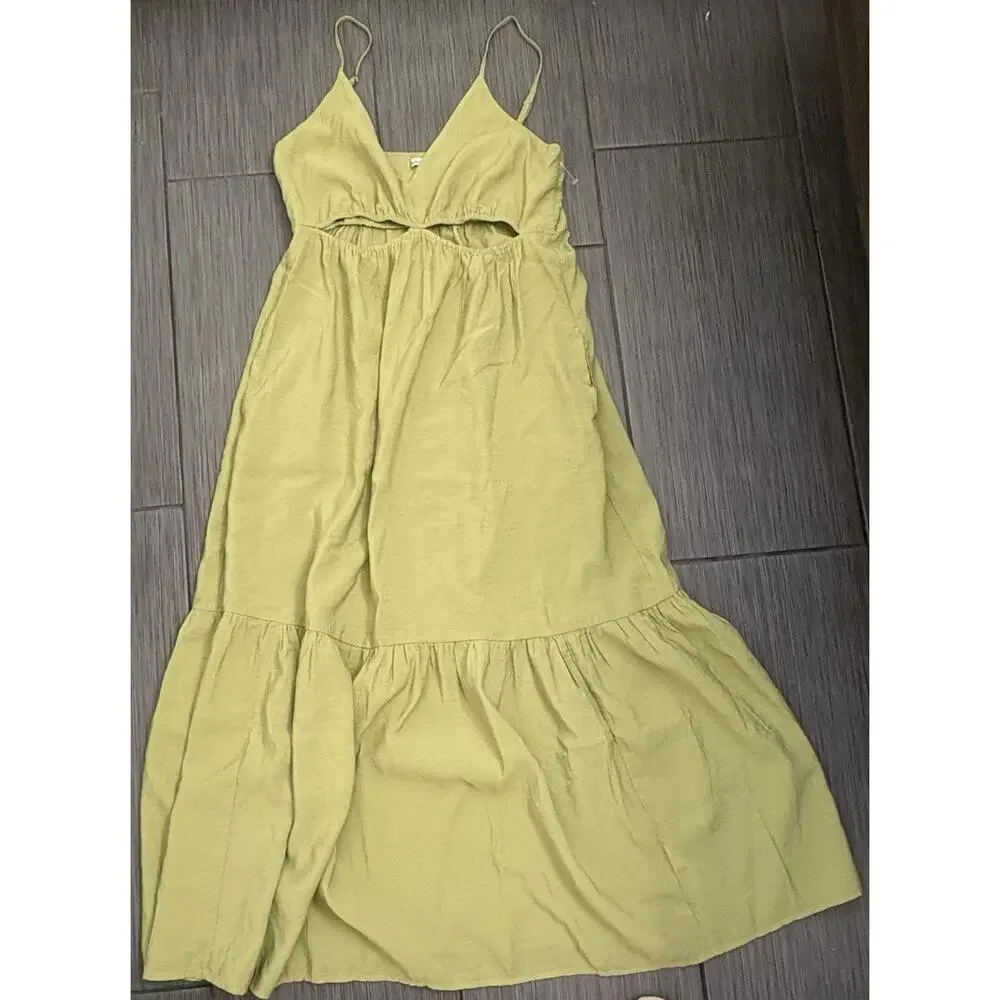 Abercrombie & Fitch Green Tiered Maxi Dress Size Large Waist Cut Outs